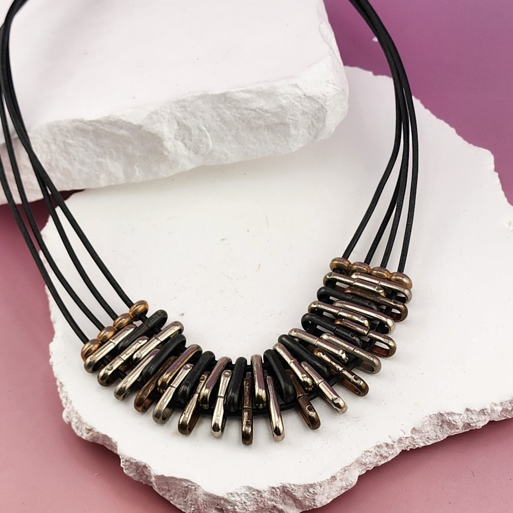 Multi Strand Black Cord Necklace Mixed Metal Bars Statement Industrial Modern
